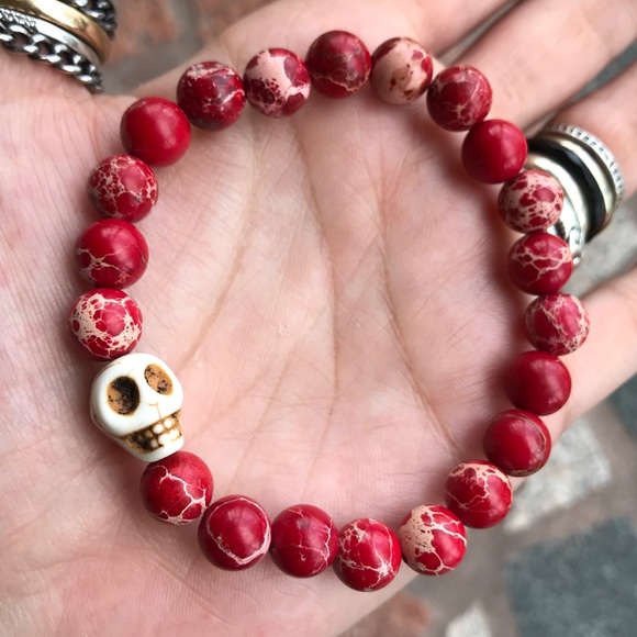 Silverskylight Jewelry - Red jasper white turquoise skull beaded bracelet
